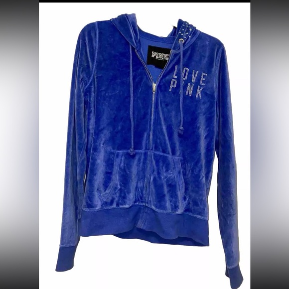 PINK Victoria’s Secret Bling blue sequined velour zip-up size M, Y2K hoodie - Picture 3 of 6